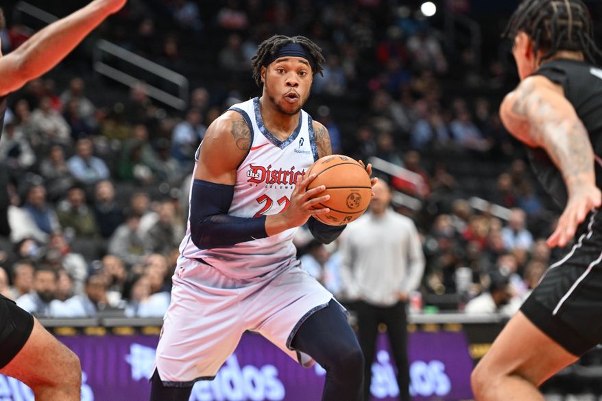 Washington Wizards center Richaun Holmes (22) looking to make a pass during the first quarter of an NBA game against the Brooklyn Nets at Capital One Arena in Washington D.C., February 24, 2025. (Photo for the Washington Times)