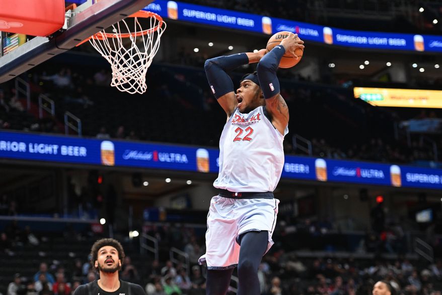 Washington Wizards center Richaun Holmes (22) about to dunk the ball during the first quarter of an NBA game against the Brooklyn Nets at Capital One Arena in Washington D.C., February 24, 2025. (Photo for the Washington Times)