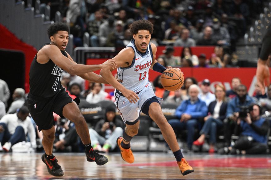 Washington Wizards guard Jordan Poole (13) bringing the ball up court during the first quarter of an NBA game against the Brooklyn Nets at Capital One Arena in Washington D.C., February 24, 2025. (Photo for the Washington Times)