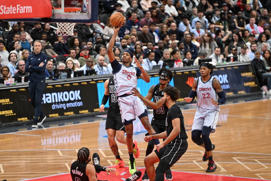 Washington Wizards forward Bilal Coulibaly (0) putting up a shot during the second quarter of an NBA game against the Brooklyn Nets at Capital One Arena in Washington D.C., February 24, 2025. (Photo for the Washington Times)