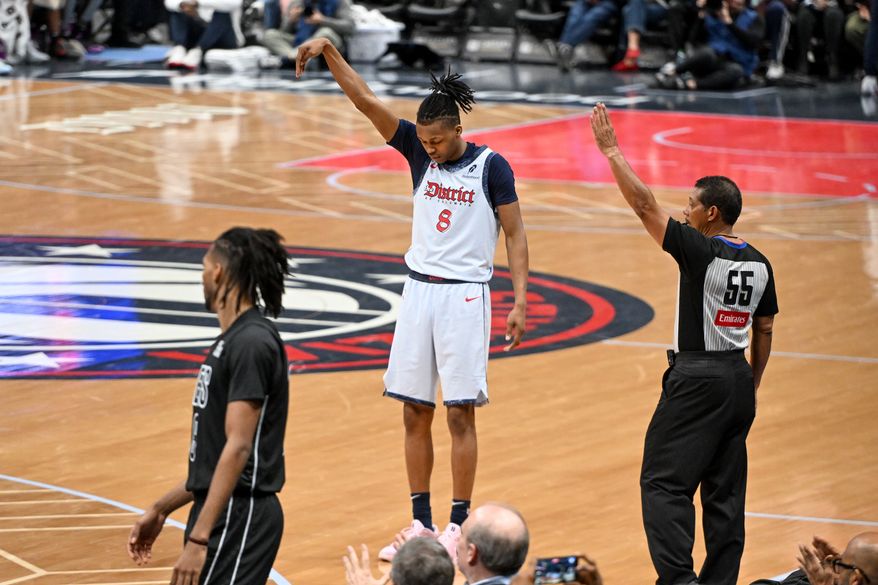 Washington Wizards guard Carlton Carrington (8) reacting to sinking a three during the second quarter of an NBA game against the Brooklyn Nets at Capital One Arena in Washington D.C., February 24, 2025. (Photo for the Washington Times)