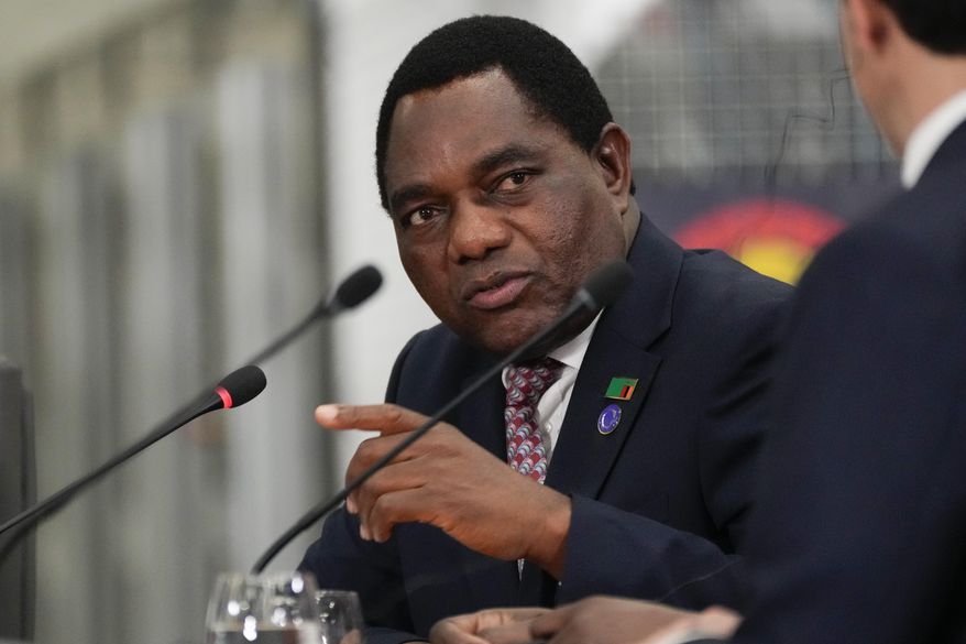 FILE - Zambia President Hakainde Hichilema speaks during the Lobito Corridor Trans-Africa Summit at the Carrinho food processing factory near Lobito, Angola, on Dec. 4, 2024. (AP Photo/Ben Curtis, file)