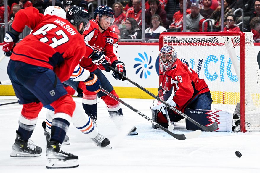 Washington Capitals goalie Charlie Lindgren (79) looks on as right wing Aliaksei Protas (21) clears the puck away from in front of the net against the Edmonton Oilers at Capital One Arena, Washington, D.C., February 23, 2025. (Photo by Brian Murphy for the Washington Times)