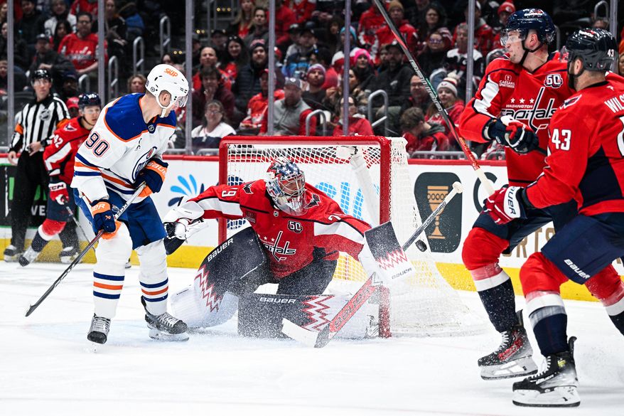 Washington Capitals goalie Charlie Lindgren (79) deflects the puck away with the shaft of his stick against the Edmonton Oilers at Capital One Arena, Washington, D.C., February 23, 2025. (Photo by Brian Murphy for the Washington Times)