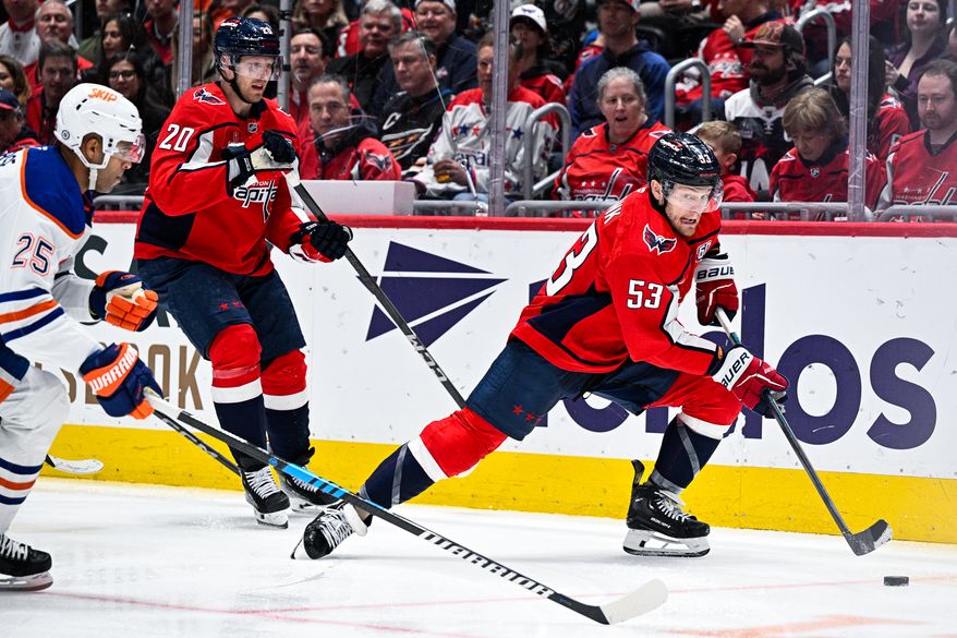 Washington Capitals center Ethen Frank (53) accelerates while possessing the puck against the Edmonton Oilers at Capital One Arena, Washington, D.C., February 23, 2025. (Photo by Brian Murphy for the Washington Times)