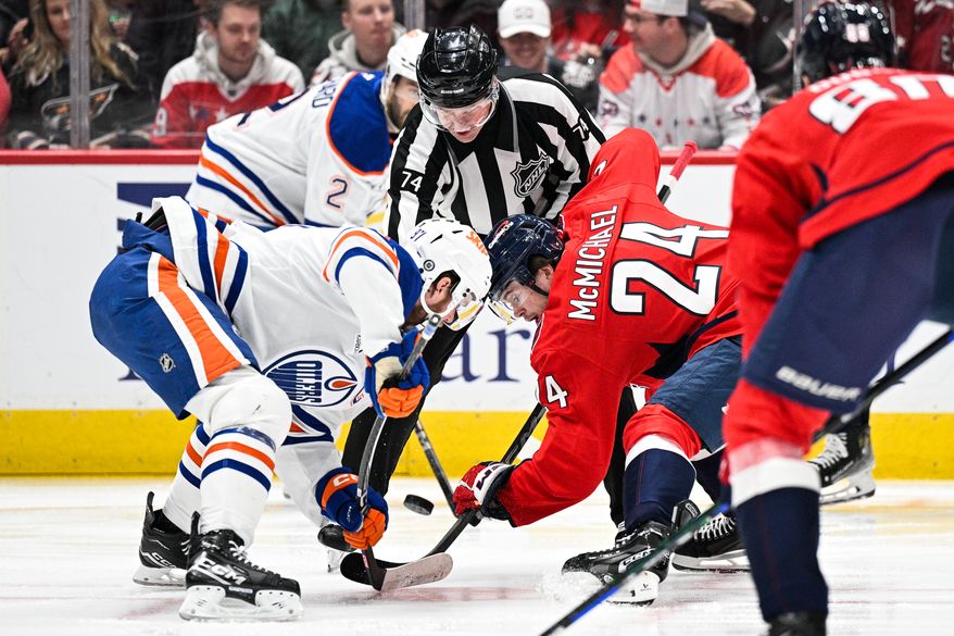 Washington Capitals center Connor McMichael (24) battles for a face-off win against Edmonton Oilers center Connor McDavid (97) at Capital One Arena, Washington, D.C., February 23, 2025. (Photo by Brian Murphy for the Washington Times)