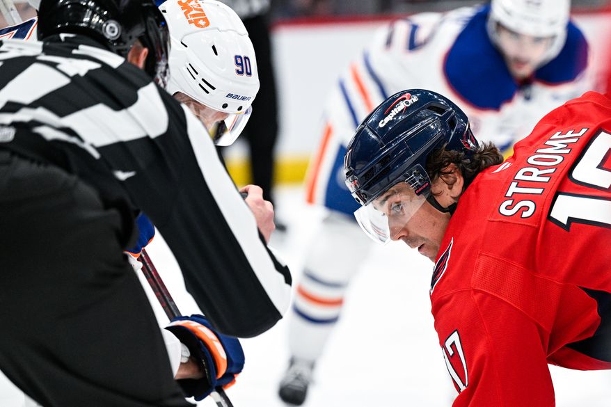 Washington Capitals center Dylan Strome (17) looks in on the puck prior to a face-off against the Edmonton Oilers at Capital One Arena, Washington, D.C., February 23, 2025. (Photo by Brian Murphy for the Washington Times)