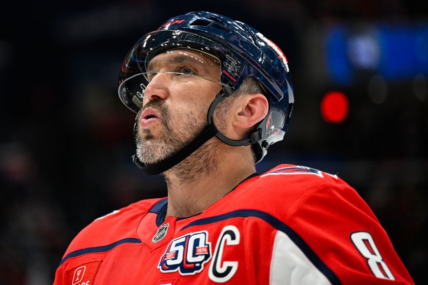 Washington Capitals left wing Alex Ovechkin (8) takes a deep breath during a stoppage of play against the Edmonton Oilers at Capital One Arena, Washington, D.C., February 23, 2025. (Photo by Brian Murphy for the Washington Times)