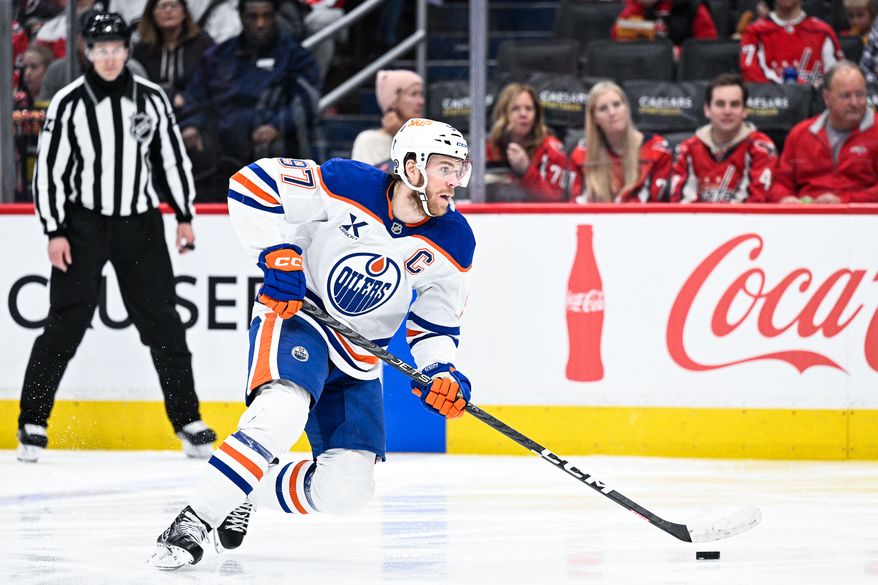 Edmonton Oilers center Connor McDavid (97) skates into the offensive zone against the Washington Capitals at Capital One Arena, Washington, D.C., February 23, 2025. (Photo by Brian Murphy for the Washington Times)