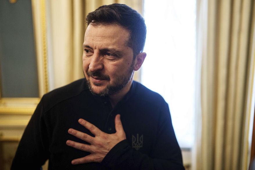 Ukrainian President Volodymyr Zelenskyy speaks to journalists during a press conference in Kyiv, Ukraine, Wednesday, Feb. 26, 2025. (AP Photo/Evgeniy Maloletka)