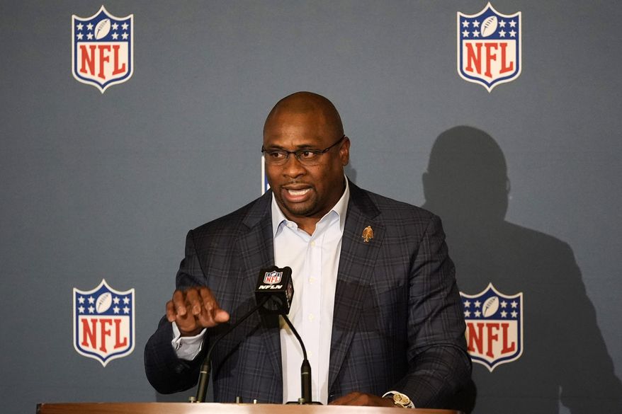 FILE - Troy Vincent Sr., NFL executive vice president of football operations, speaks to the media at the NFL football owners meeting Wednesday, Dec. 11, 2024, in Irving, Texas. (AP Photo/LM Otero, File)