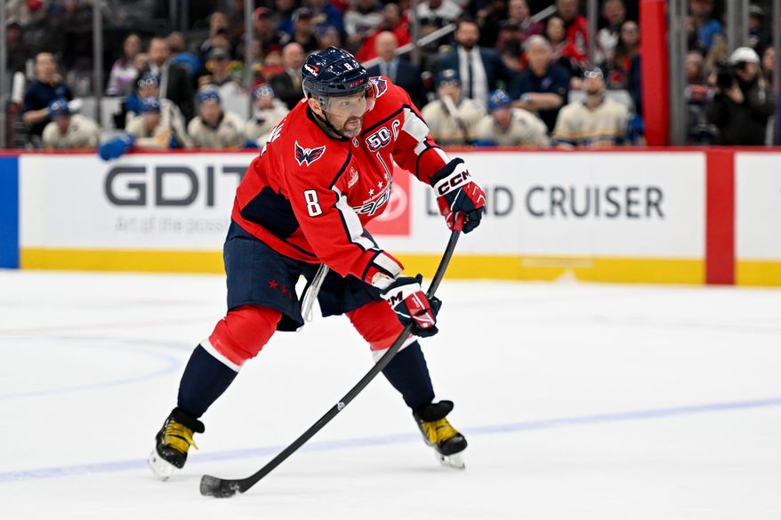 Washington Capitals left wing Alex Ovechkin (8) taking a shot during the second period of an NHL game against the St. Louis Blues at Capital One Arena in Washington D.C., February 27, 2025. (Photo for the Washington Times)