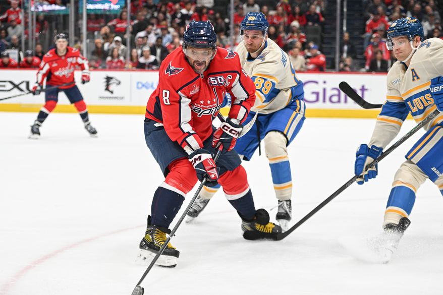 Washington Capitals left wing Alex Ovechkin (8) about to s shoot the puck during the second period of an NHL game against the St. Louis Blues at Capital One Arena in Washington D.C., February 27, 2025. (Photo for the Washington Times)