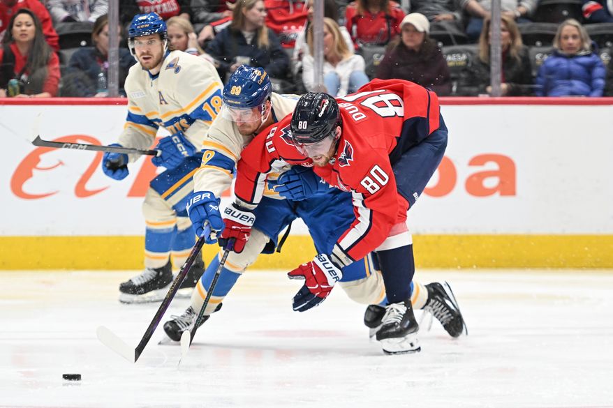 Washington Capitals center Pierre-Luc Dubois (80) fighting for control of the puck with St. Louis Blues forward Pavel Buchnevich (89) during the third period of an NHL game at Capital One Arena in Washington D.C., February 27, 2025. (Photo for the Washington Times)