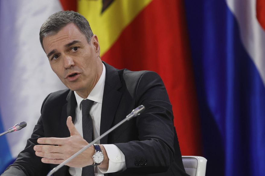 Spain's Prime Minister Pedro Sanchez attends a press conference after the "Support Ukraine" summit, marking the third anniversary of the Russian invasion, in Kyiv, Ukraine, Feb. 24, 2025. (Gleb Garanich/Pool Photo via AP)