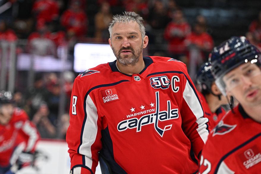 Washington Capitals left wing Alex Ovechkin (8) on the ice during pregame warmups before an NHL game against the St. Louis Blues at Capital One Arena in Washington D.C., February 27, 2025. (Photo for the Washington Times)