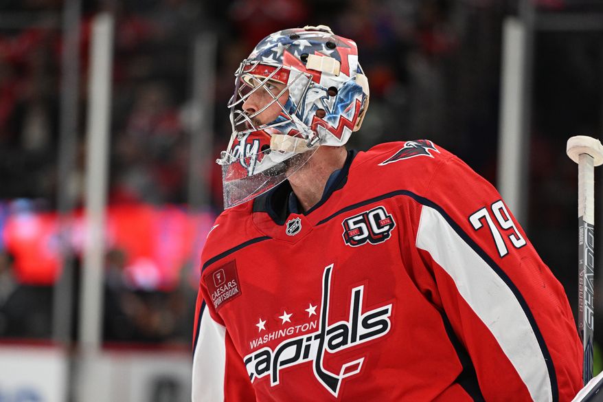 Washington Capitals goalie Charlie Lindgren (79) during a break in the action during the first period of an NHL game against the St. Louis Blues at Capital One Arena in Washington D.C., February 27, 2025. (Photo for the Washington Times)