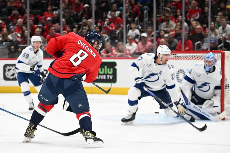Washington Capitals left wing Alex Ovechkin (8) taking shot during the third period of an NHL game against the Tampa Bay Lightning at Capital One Arena in Washington D.C., March 1, 2025. (Photo for the Washington Times)