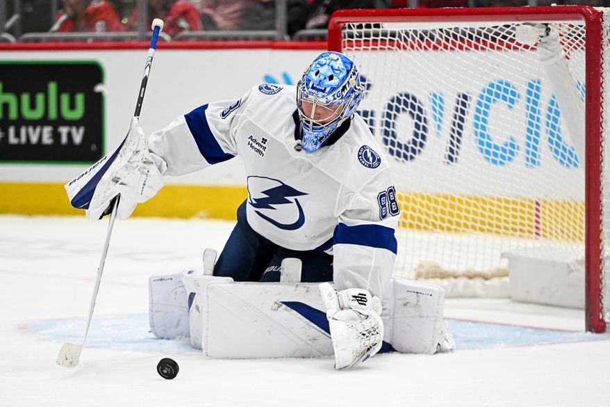 Washington Capitals left wing Andrew Mangiapane (88) making a save during the third period of an NHL game against the Tampa Bay Lightning at Capital One Arena in Washington D.C., March 1, 2025. (Photo for the Washington Times)