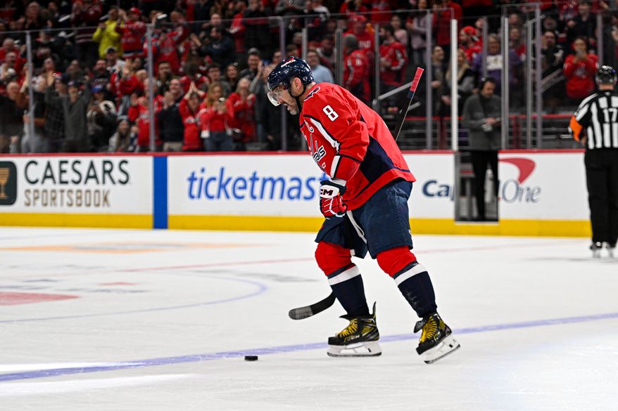 Washington Capitals left wing Alex Ovechkin (8) skating back to the bench after scoring a goal during the third period of an NHL game against the Tampa Bay Lightning at Capital One Arena in Washington D.C., March 1, 2025. (Photo for the Washington Times)