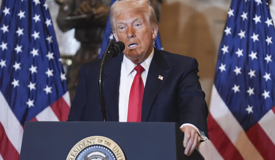 FILE - President Donald Trump speaks at the National Prayer Breakfast at the Capitol in Washington, Feb. 6, 2025. (AP Photo/Evan Vucci, File)