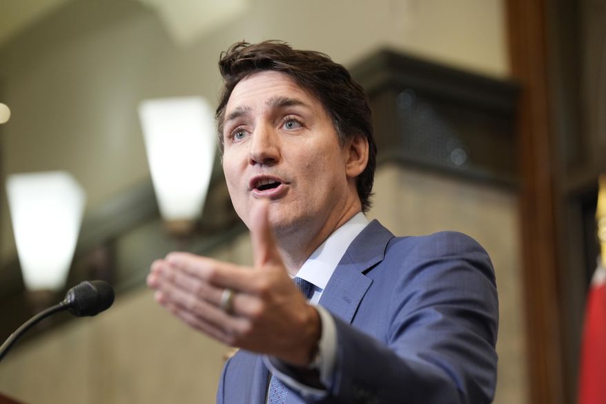 Prime Minister Justin Trudeau holds a news conference on imposed U.S. tariffs in Ottawa on Tuesday, March 4, 2025. (Adrian Wyld /The Canadian Press via AP)