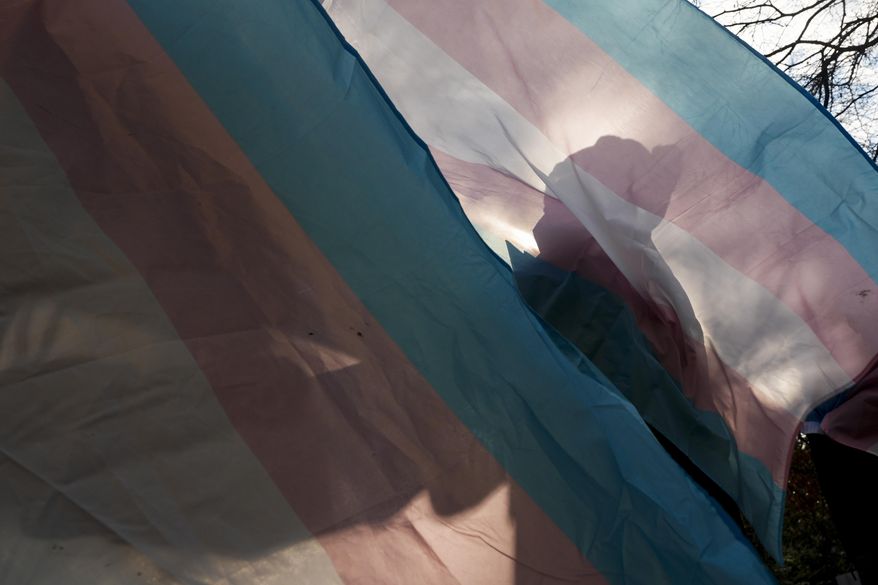 FILE - A protester is silhouetted against a trans pride flag during a pro-transgender rights protest outside of Seattle Children's Hospital, Feb. 9, 2025, in Seattle. (AP Photo/Lindsey Wasson, file)