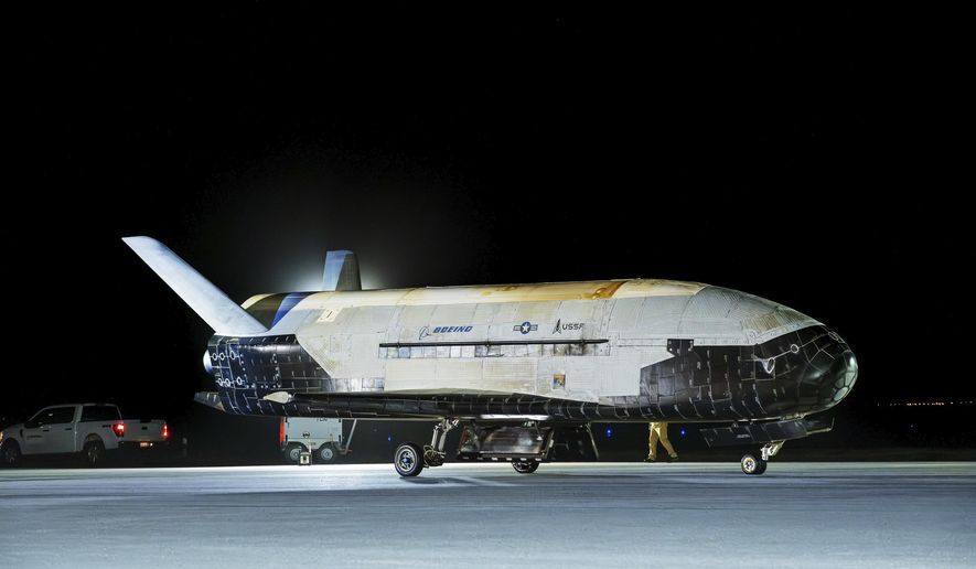 This photo provided by United States Space Force the X-37B Orbital Test Vehicle-7 (OTV-7), the U.S. Space Force’s dynamic unmanned spaceplane, successfully deorbited and landed at Vandenberg Space Force Base, Calif., on March 7, 2025. (United States Space Force via AP)