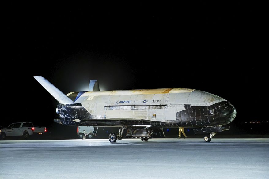 This photo provided by United States Space Force the X-37B Orbital Test Vehicle-7 (OTV-7), the U.S. Space Force’s dynamic unmanned spaceplane, successfully deorbited and landed at Vandenberg Space Force Base, Calif., on March 7, 2025. (United States Space Force via AP)