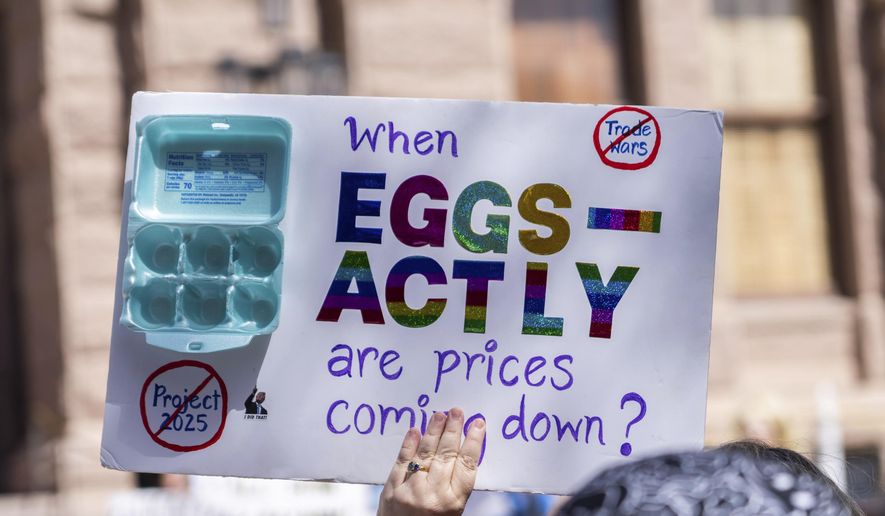 An activist holds up a sign about high egg prices during a protest against the Trump administration's policies outside the Texas Capitol, in Austin, Texas, Tuesday, March 4, 2025. (Mikala Compton/Austin American-Statesman via AP)