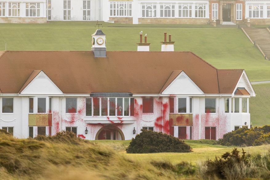 This photo provided by Palestine Action on Saturday, March 8, 2025 shows damage to the Trump owned site of Trump Turnberry golf course and hotel in Scotland. (Palestine Action, Milo Chandler via AP)