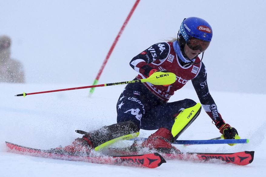 United States' Mikaela Shiffrin speeds down the course during an alpine ski, women's World Cup slalom in Are, Sweden, Sunday, March 9, 2025. (AP Photo/Giovanni Auletta)