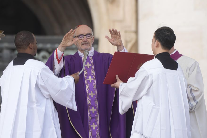 Cardinal Michael Czerny, prefect of the Dicastery for Promoting Integral Human Development, and delegate of Pope Francis celebrates a mass for the members of the world of volunteers in St. Peter's Square at The Vatican, Sunday, March 9, 2025. (AP Photo/Gregorio Borgia)