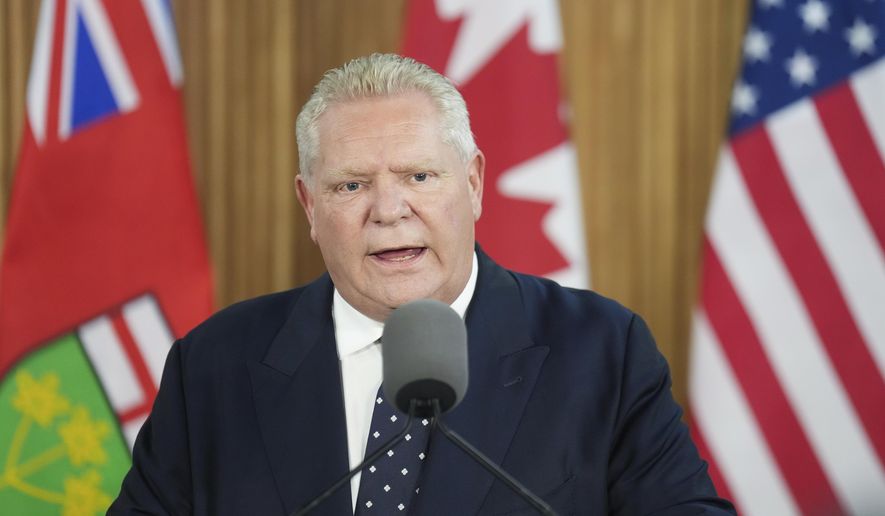 Ontario Premier Doug Ford holds a news conference regarding the new tariffs that the United States has placed on Canada, at Queen's Park in Toronto on Tuesday, March 4, 2025. (Nathan Denette/The Canadian Press via AP) ** FILE **