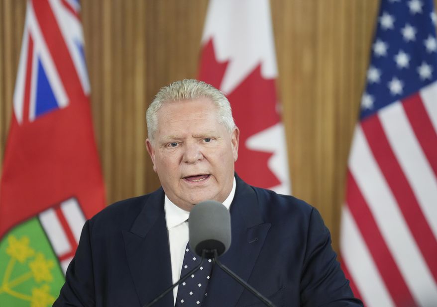 Ontario Premier Doug Ford holds a news conference regarding the new tariffs that the United States has placed on Canada, at Queen's Park in Toronto on Tuesday, March 4, 2025. (Nathan Denette/The Canadian Press via AP) ** FILE **