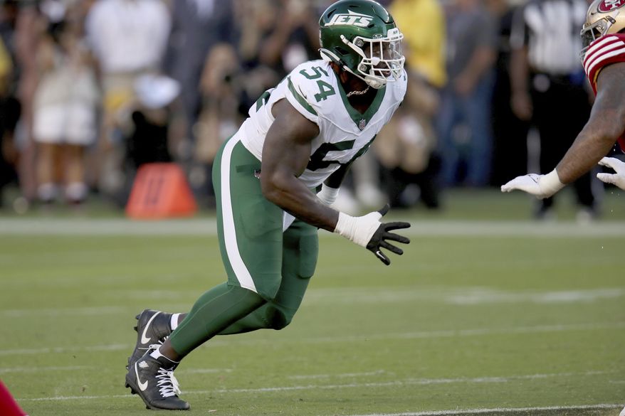 FILE - New York Jets defensive tackle Javon Kinlaw (54) rushes during an NFL football game against the San Francisco 49ers, Sept. 9, 2024, in Santa Clara, Calif. (AP Photo/Scot Tucker, file)