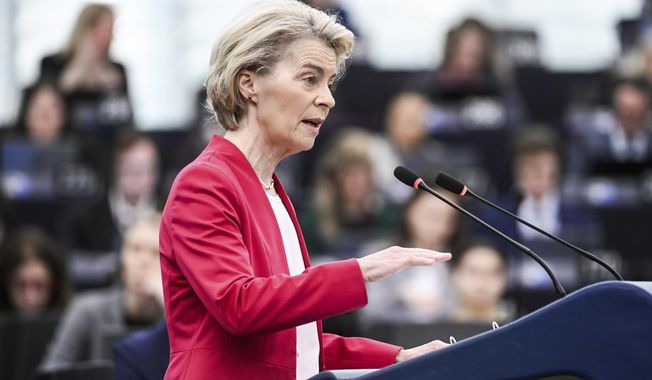 European Commission president Ursula von der Leyen addresses European Parliament members on new plans to ramp up defense spending agreed at last week's summit, Tuesday, March 11, 2025 at the European Parliament in Strasbourg, eastern France. (AP Photo/Pascal Bastien)