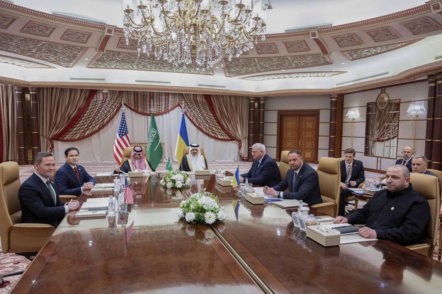 From left, US National Security Advisor Mike Waltz, US Secretary of State Marco Rubio, Saudi Foreign Minister Prince Faisal bin Farhan Al Saud, Saudi National Security Advisor Mosaad bin Mohammad al-Aiban, Ukrainian Foreign Minister Andrii Sybiha, Ukrainian Head of Presidential Office Andriy Yermak, and Ukrainian Minister of Defense Rustem Umerovto, hold a meeting in Jeddah, Saudi Arabia, Tuesday, March 11, 2025. (Saul Loeb/Pool Photo via AP)