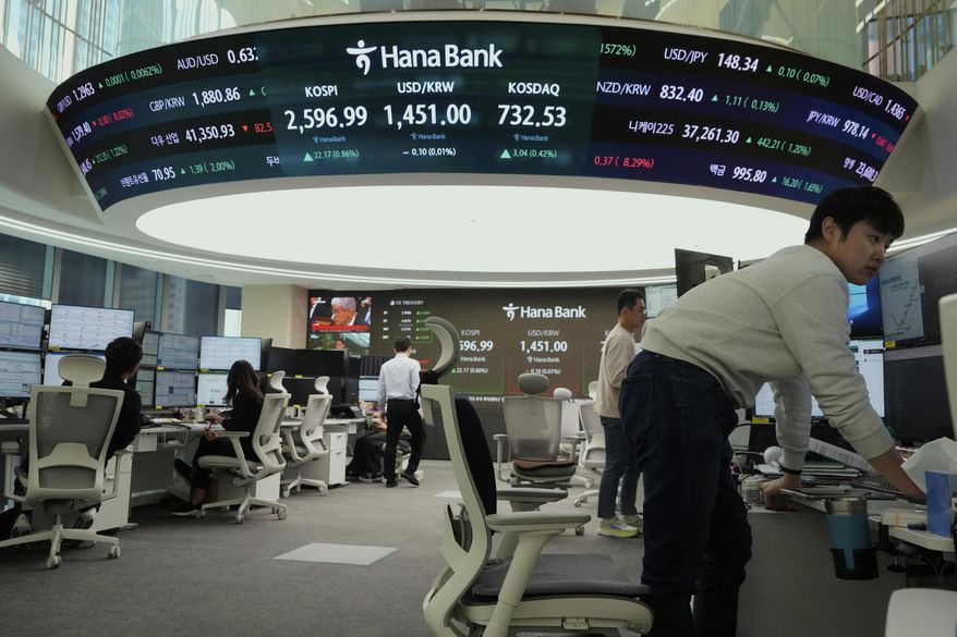 Currency traders work near a screen showing the Korea Composite Stock Price Index (KOSPI), top center left, and the foreign exchange rate between U.S. dollar and South Korean won, top center, at the foreign exchange dealing room of the KEB Hana Bank headquarters in Seoul, South Korea, Thursday, March 13, 2025. (AP Photo/Ahn Young-joon)