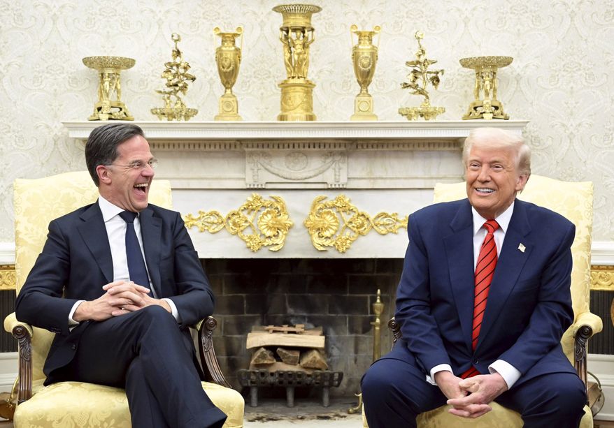 President Donald Trump, right, speaks with NATO Secretary General Mark Rutte at the White House in Washington, Thursday, March 13, 2025. (Pool via AP)