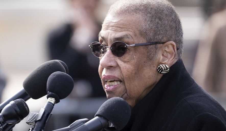 Del. Eleanor Holmes Norton, D-D.C., speaks at a news conference to address the proposed continuing resolution and its impacts, on Capitol Hill in Washington, Monday, March 10, 2025. (AP Photo/Ben Curtis)
