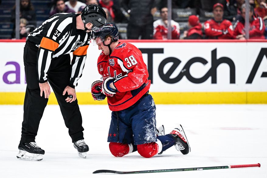 Referee Brandon Schrader (34) checks on Washington Capitals defenseman Rasmus Sandin (38) during a stoppage in play as the Capitals face the Ottawa Senators at Capital One Arena, Washington, D.C., March 3, 2025. (Photo by Brian Murphy for the Washington Times)