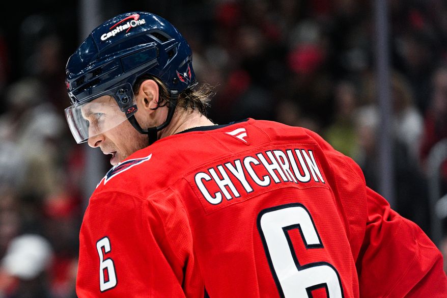 Washington Capitals defenseman Jakob Chychrun (6) looks to the bench for instruction during a stoppage in play against the Ottawa Senators at Capital One Arena, Washington, D.C., March 3, 2025. (Photo by Brian Murphy for the Washington Times)
