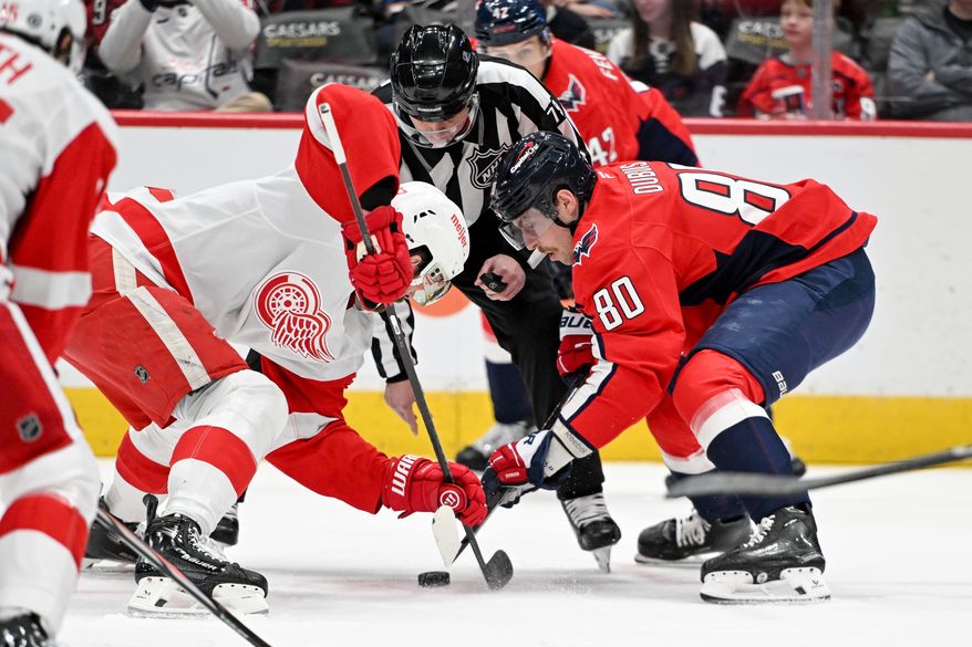 Washington Capitals center Pierre-Luc Dubois (80) taking a faceoff during the first period of an NHL game against the Detroit Red Wings at Capital One Arena in Washington D.C., March 18, 2025. (Photo for the Washington Times)
