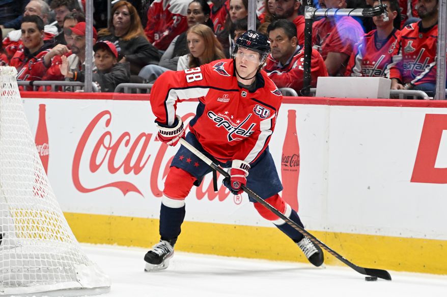 Washington Capitals defenseman Rasmus Sandin (38) looking to make a pass up ice during the first period of an NHL game against the Detroit Red Wings at Capital One Arena in Washington D.C., March 18, 2025. (Photo for the Washington Times)