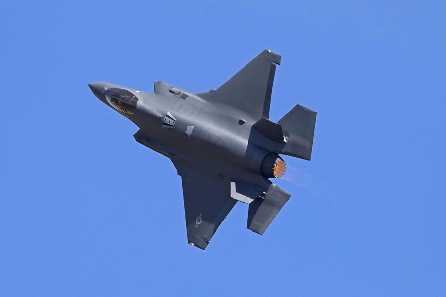 U.S. Air Force fighter aircraft F-35 performs aerobatic maneuvers on the third day of the Aero India 2025, a biennial event, at Yelahanka air base in Bengaluru, India, Wednesday, Feb. 12, 2025. (AP Photo/Aijaz Rahi, File)