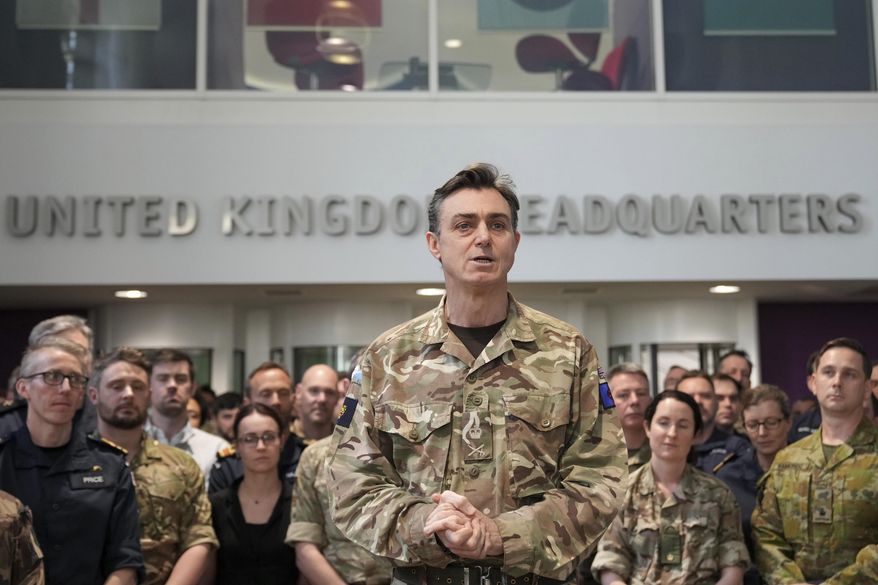 Gen. Nick Perry, Chief of Joint Operations, speaks during a visit by Britain's Prime Minister Keir Starmer at a military base to meet planners mapping out next steps in the Coalition of the Willing in Northwood, London, on Thursday, March 20, 2025. (AP Photo/Alastair Grant, Pool) **FILE**
