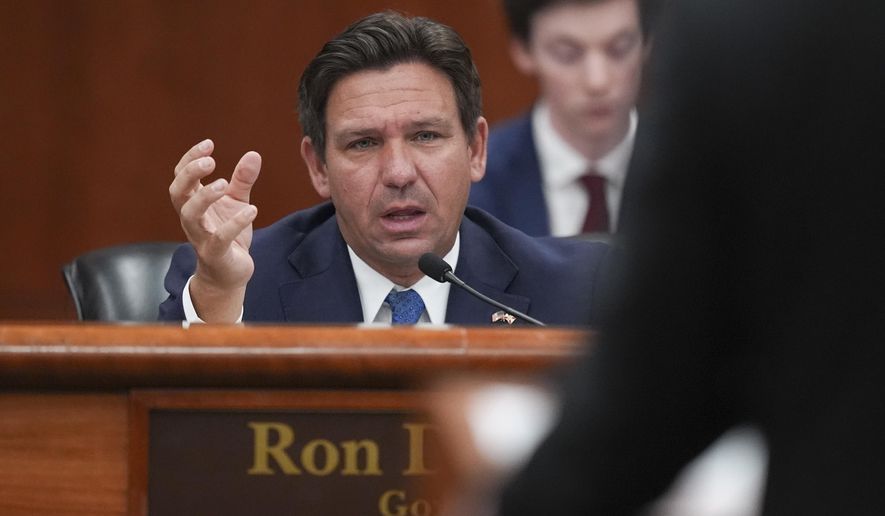 Gov. Ron DeSantis speaks during a meeting with the state cabinet, at the Florida capitol in Tallahassee, Fla., Wednesday, March 5, 2025. (AP Photo/Rebecca Blackwell)