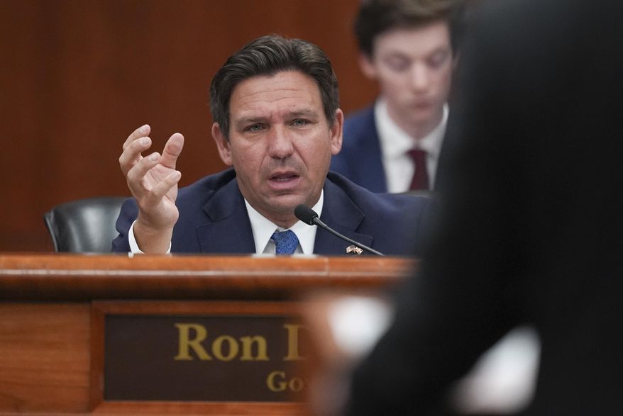 Gov. Ron DeSantis speaks during a meeting with the state cabinet, at the Florida capitol in Tallahassee, Fla., Wednesday, March 5, 2025. (AP Photo/Rebecca Blackwell)