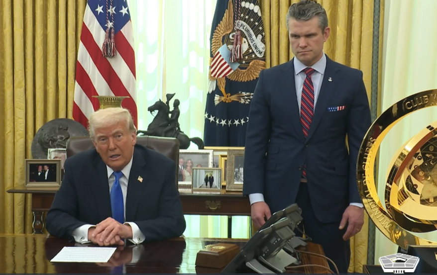 President Donald Trump and Defense Secretary Pete Hegseth discuss Boeing's new F-47 jet in a press conference in the White House Oval Office on Friday, March 21, 2025. (Screen grab of Department of Defense live video)